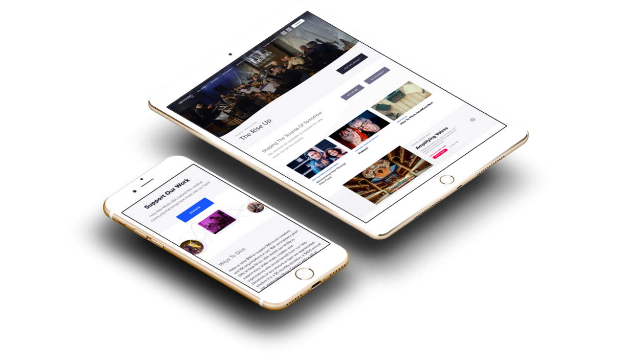 A tablet and an iPhone, each displaying a different page from the New Music USA website.