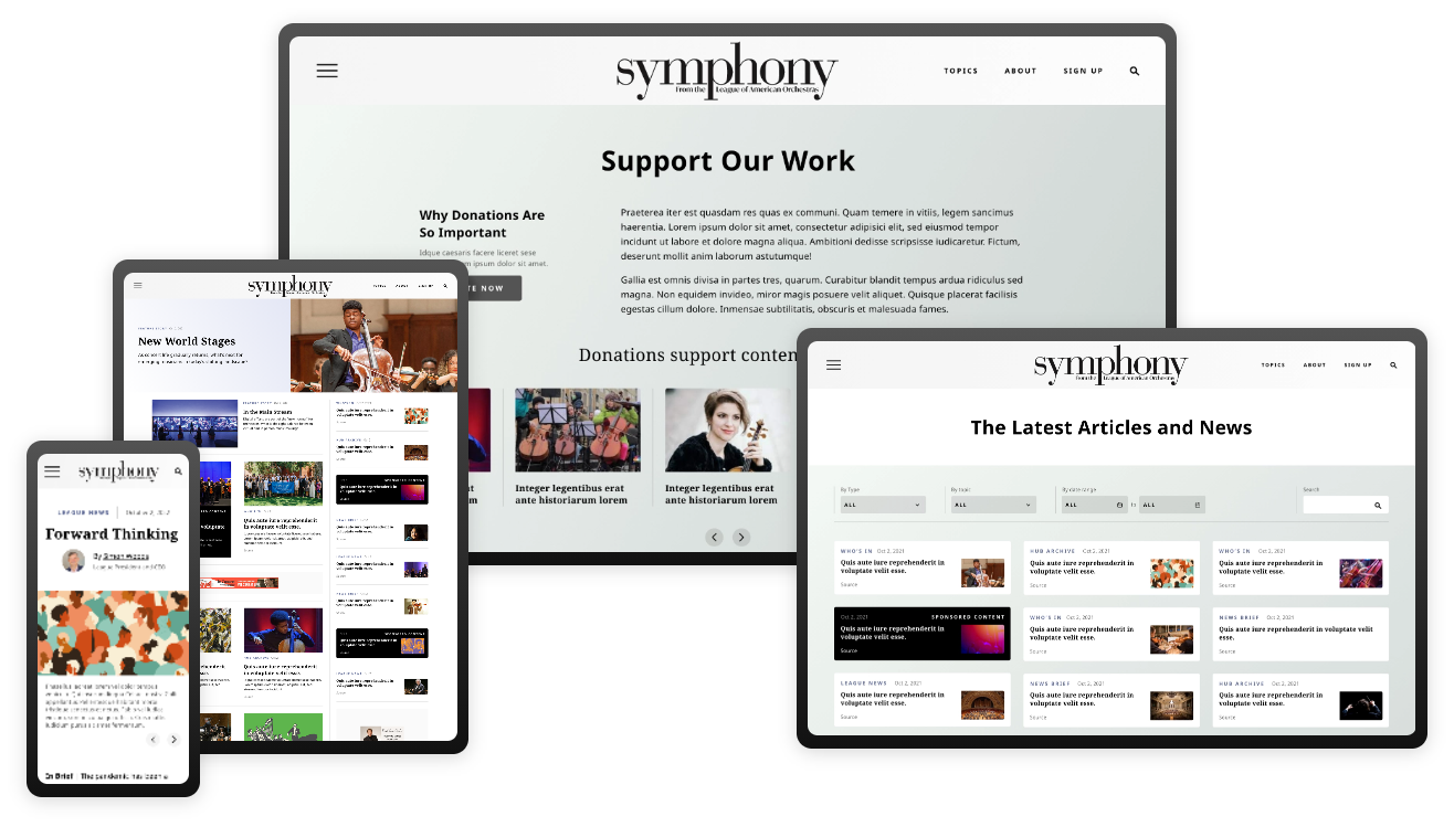 A phone, two tablets, and a desktop monitor, all displaying different pages of the (very nicely-designed) Symphony.org website.